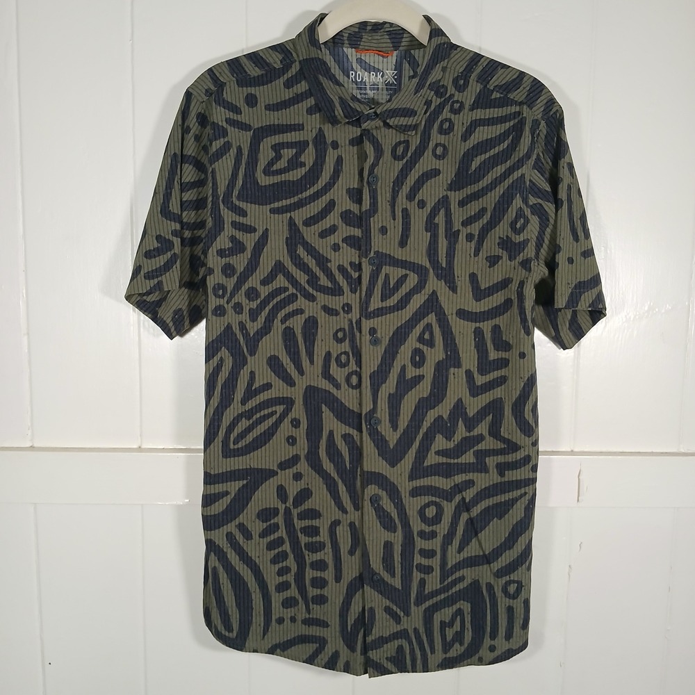 Roark Button Up Shirt Mens S Green Abstract Perforated Breathable Ripstop RW534